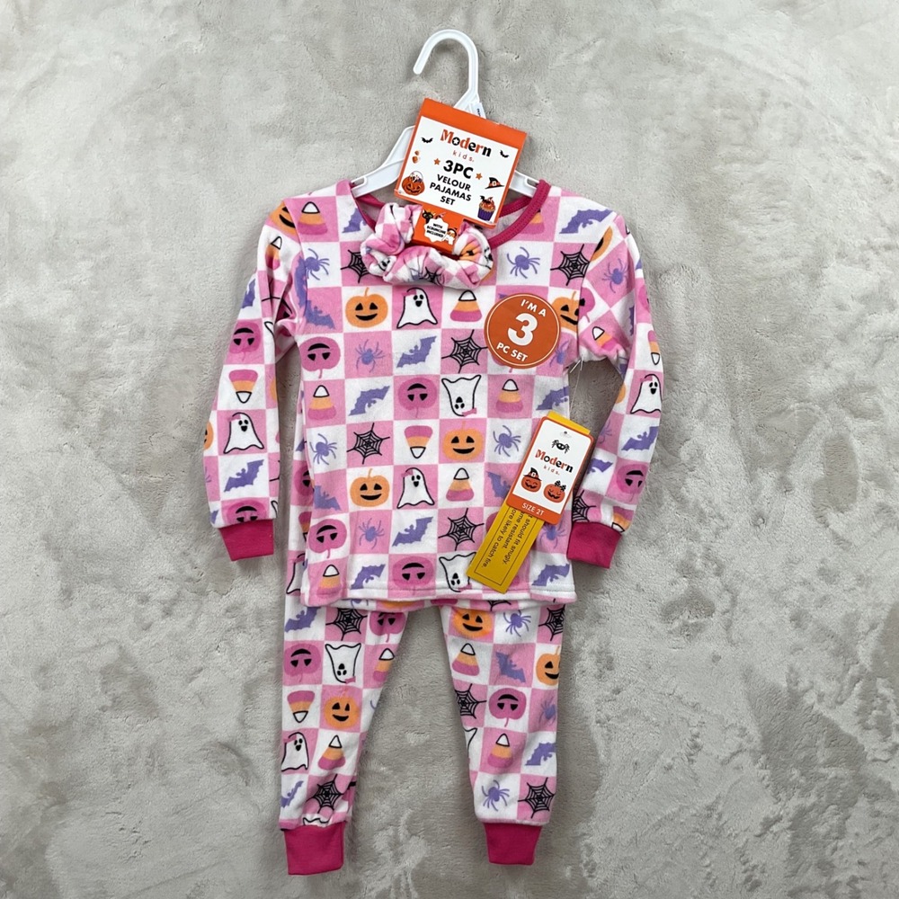 Modern Kids 2T Halloween Velour Pajamas 3pc Set Pink Checkered Ghost Pumpkin NEW